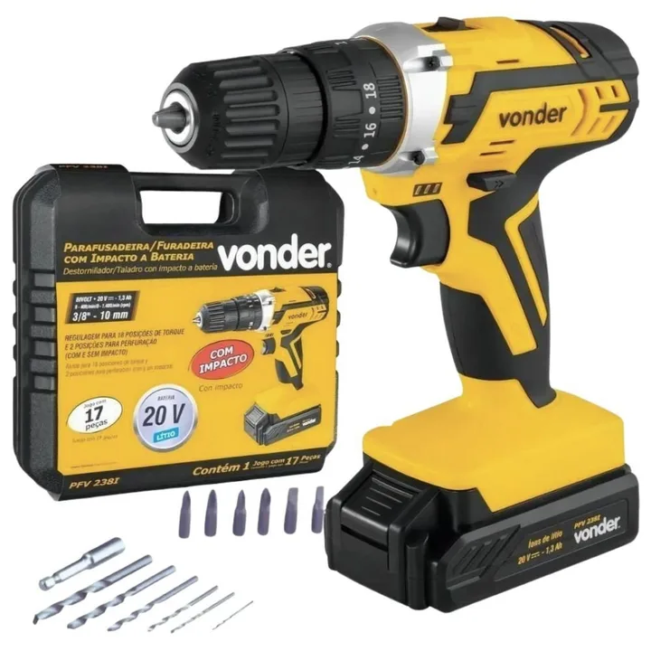 Parafusadeira Furadeira de Impacto 3/8Pol 20V PFV238I com Bateria Carregador e Maleta com Acessórios VONDER-6001000238, imagem 1 de 11