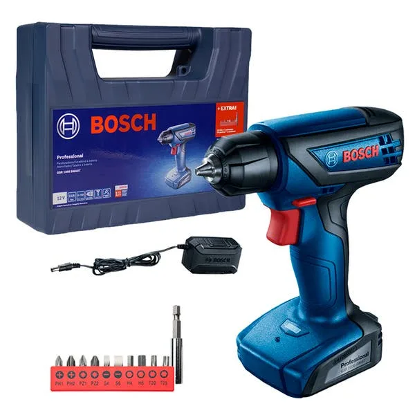 Furadeira e Parafusadeira Bosch GSR 1000 a Bateria 12V 1/4" com Carregador, 10 Bits e Extensor Universal, imagem 1 de 11